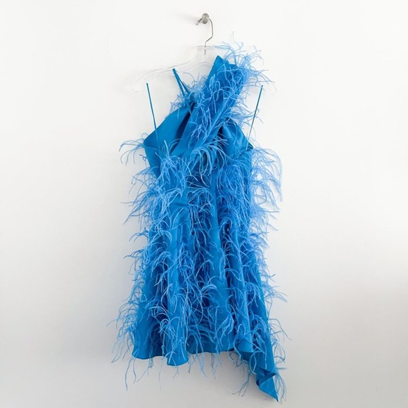 Cult Gaia Eliana Cutout One-Shoulder Feather Mini Dress Lake Blue - Picture 6 of 14